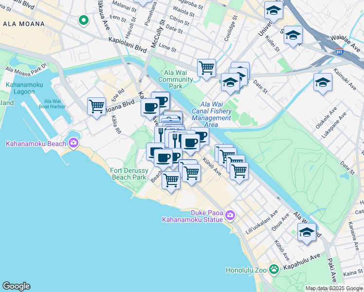 map of restaurants, bars, coffee shops, grocery stores, and more near 2100 Kalakaua Avenue in Honolulu