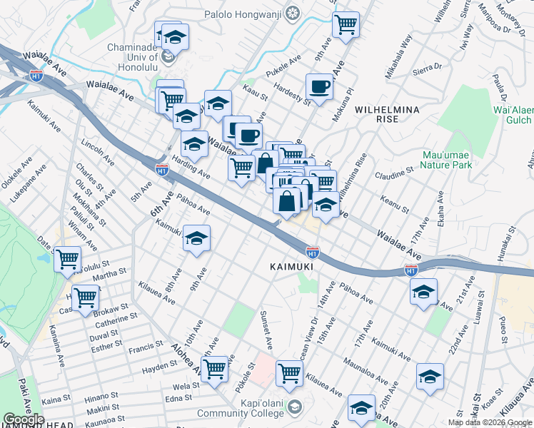 map of restaurants, bars, coffee shops, grocery stores, and more near 3518 Harding Avenue in Honolulu