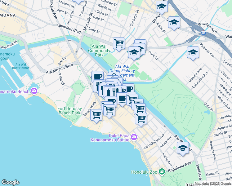 map of restaurants, bars, coffee shops, grocery stores, and more near 421 Lewers Street in Honolulu