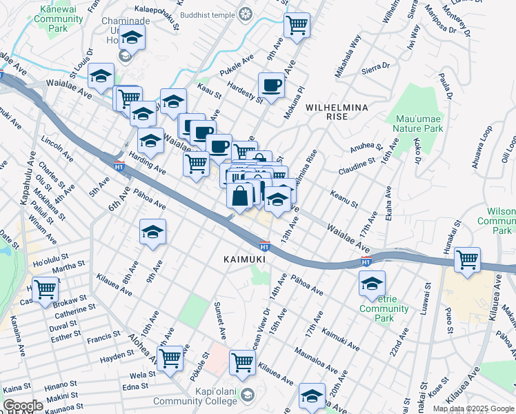 map of restaurants, bars, coffee shops, grocery stores, and more near 1150 12th Avenue in Honolulu