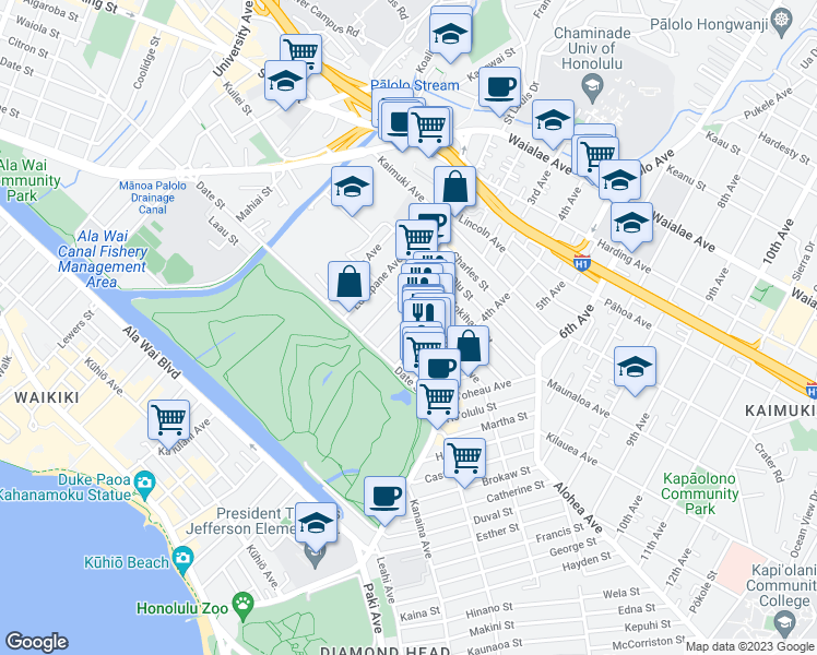 map of restaurants, bars, coffee shops, grocery stores, and more near 745 Makaleka Avenue in Honolulu