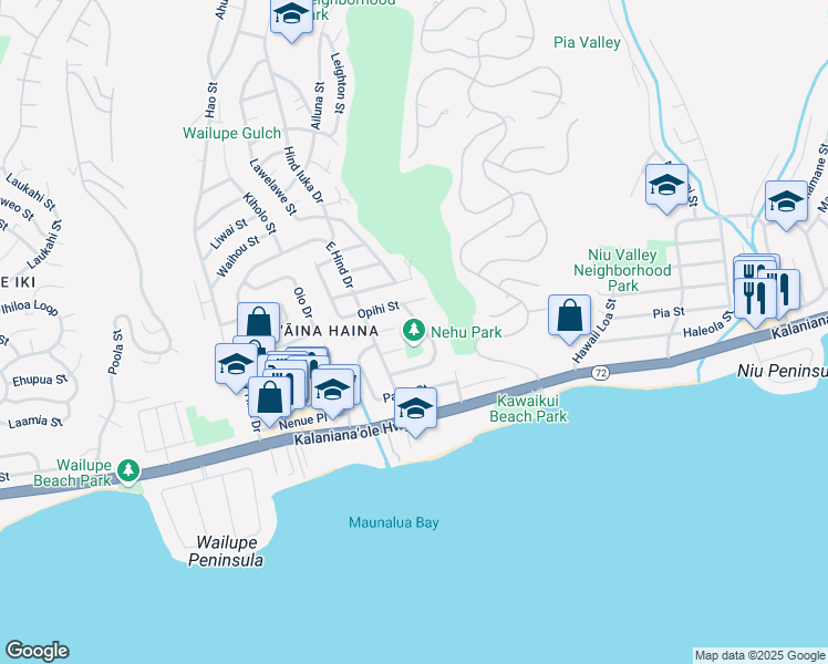 map of restaurants, bars, coffee shops, grocery stores, and more near 5410 Opihi Street in Honolulu