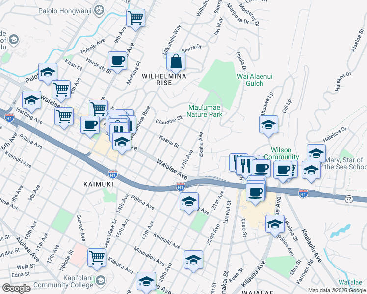 map of restaurants, bars, coffee shops, grocery stores, and more near 1315 16th Avenue in Honolulu