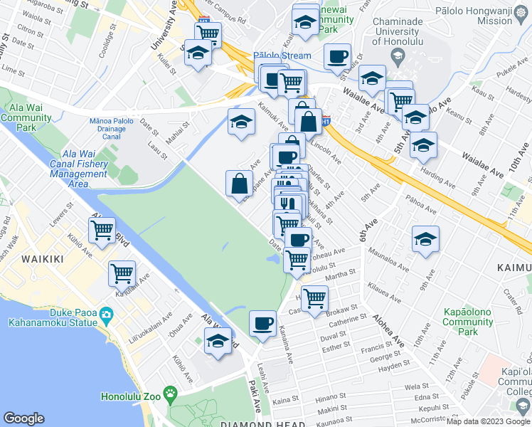 map of restaurants, bars, coffee shops, grocery stores, and more near 745 Makaleka Avenue in Honolulu