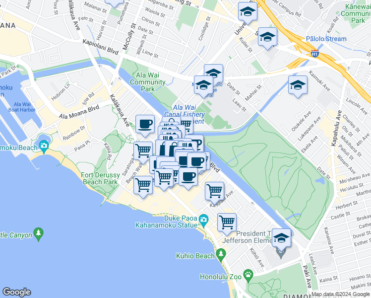 map of restaurants, bars, coffee shops, grocery stores, and more near 2214 Aloha Drive in Honolulu