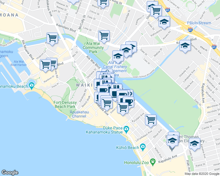 map of restaurants, bars, coffee shops, grocery stores, and more near 2214 Aloha Drive in Honolulu