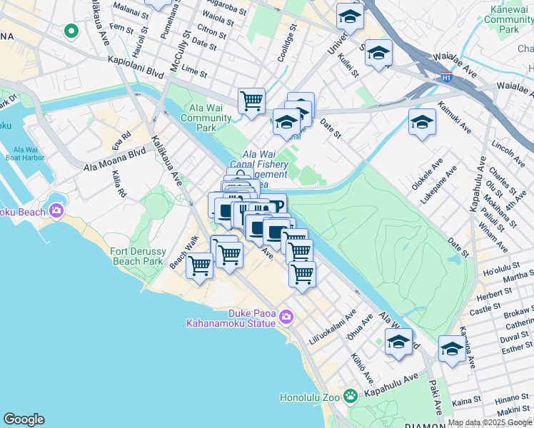 map of restaurants, bars, coffee shops, grocery stores, and more near 2231 Ala Wai Boulevard in Honolulu