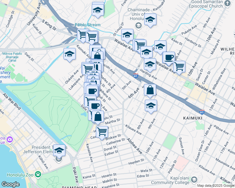 map of restaurants, bars, coffee shops, grocery stores, and more near 3237A Charles Street in Honolulu