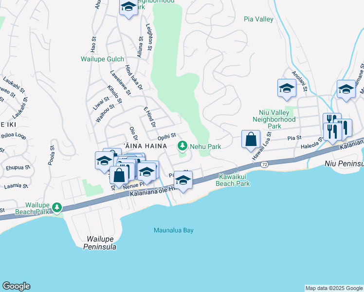 map of restaurants, bars, coffee shops, grocery stores, and more near 5410 Opihi Street in Honolulu