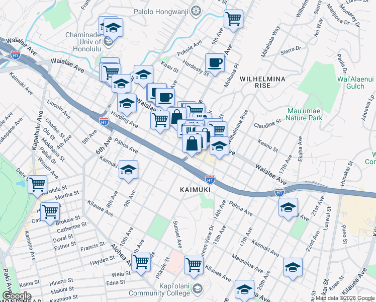 map of restaurants, bars, coffee shops, grocery stores, and more near 3518 Harding Avenue in Honolulu