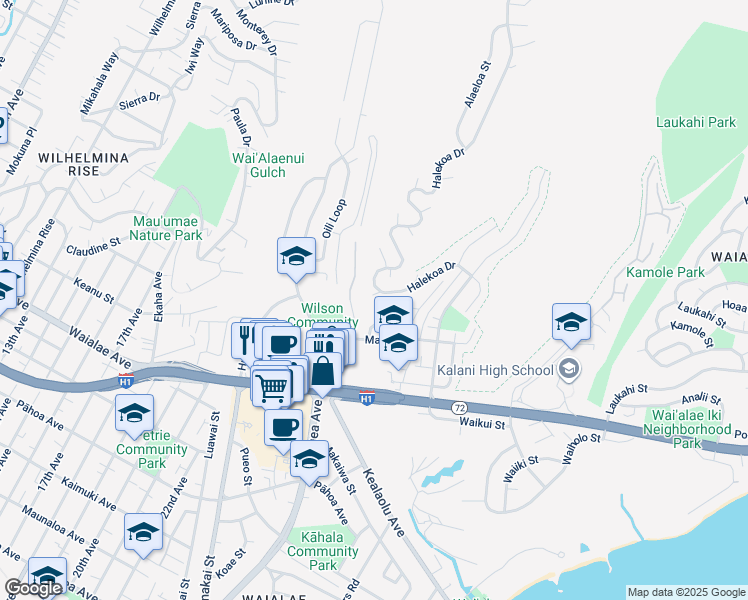 map of restaurants, bars, coffee shops, grocery stores, and more near 1528 Halekoa Drive in Honolulu