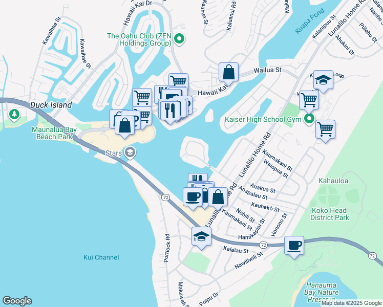 map of restaurants, bars, coffee shops, grocery stores, and more near 607 Koko Isle Circle in Honolulu