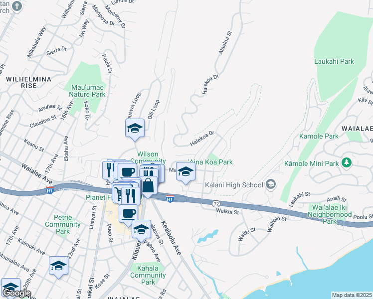 map of restaurants, bars, coffee shops, grocery stores, and more near 4482 Wahinekoa Place in Honolulu