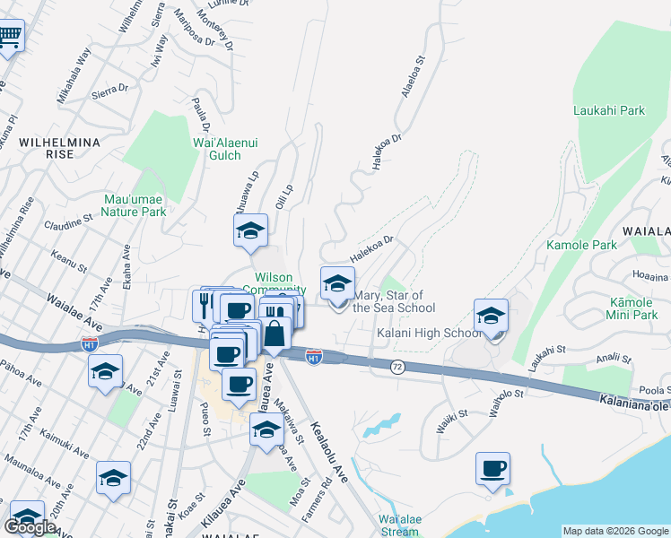 map of restaurants, bars, coffee shops, grocery stores, and more near 1528 Halekoa Drive in Honolulu
