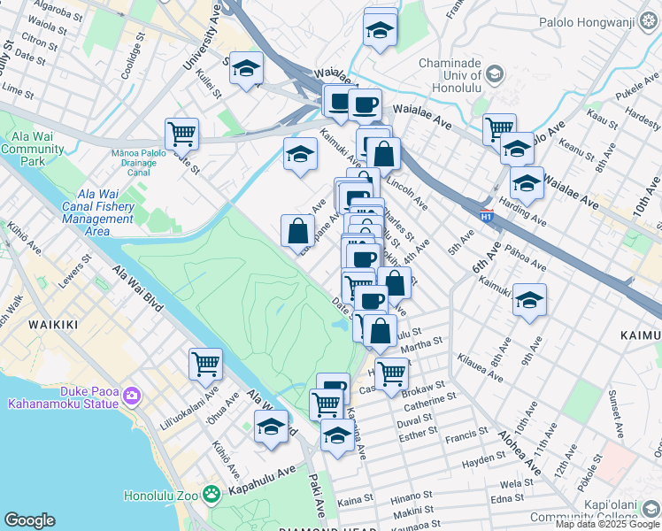 map of restaurants, bars, coffee shops, grocery stores, and more near 745 Makaleka Avenue in Honolulu