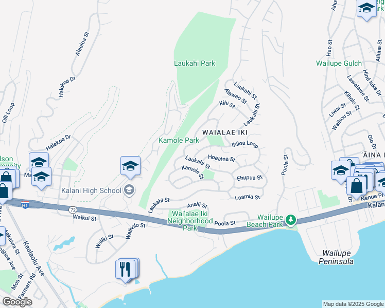 map of restaurants, bars, coffee shops, grocery stores, and more near 1661 Ihiloa Loop in Honolulu
