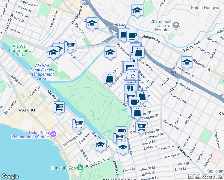 map of restaurants, bars, coffee shops, grocery stores, and more near 718 Ekela Avenue in Honolulu