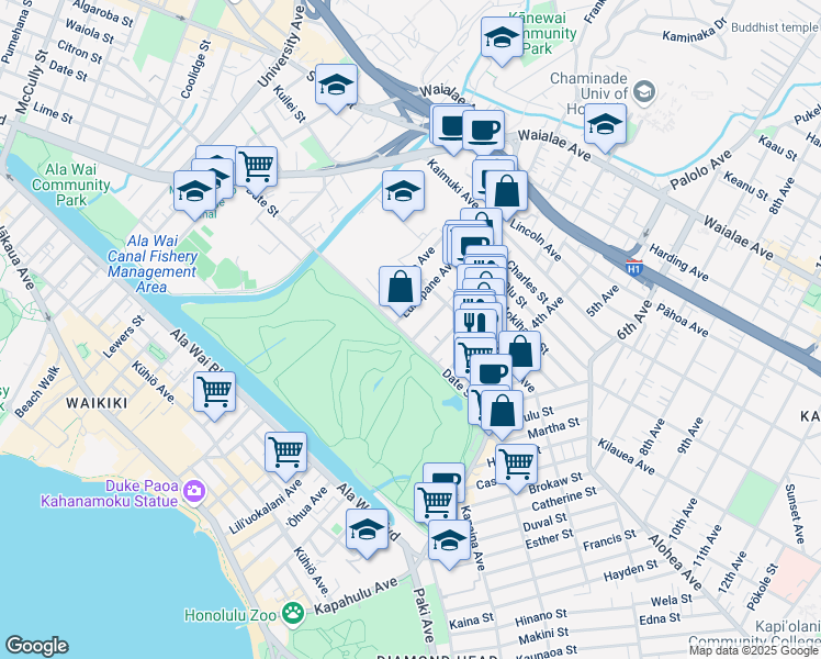 map of restaurants, bars, coffee shops, grocery stores, and more near 2848 Date Street in Honolulu