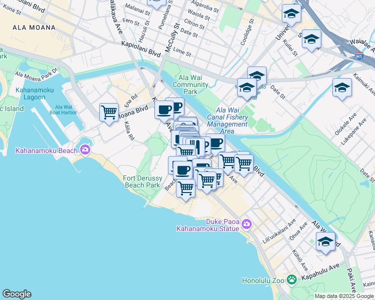 map of restaurants, bars, coffee shops, grocery stores, and more near 2100 Kalakaua Avenue in Honolulu