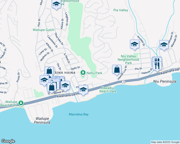 map of restaurants, bars, coffee shops, grocery stores, and more near 5425 Hoana Place in Honolulu