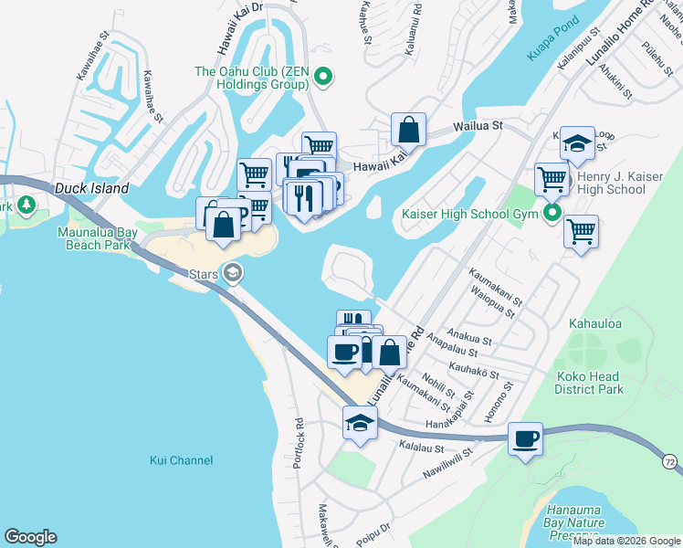 map of restaurants, bars, coffee shops, grocery stores, and more near 607 Koko Isle Circle in Honolulu