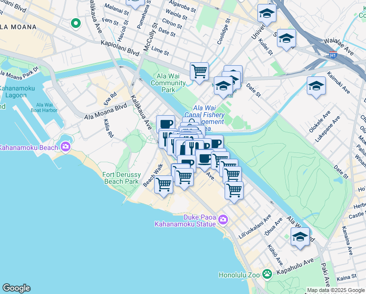 map of restaurants, bars, coffee shops, grocery stores, and more near 411 Kaiolu Street in Honolulu