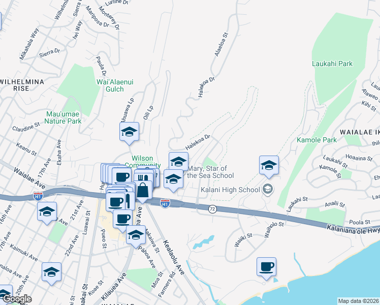 map of restaurants, bars, coffee shops, grocery stores, and more near 4482 Wahinekoa Place in Honolulu
