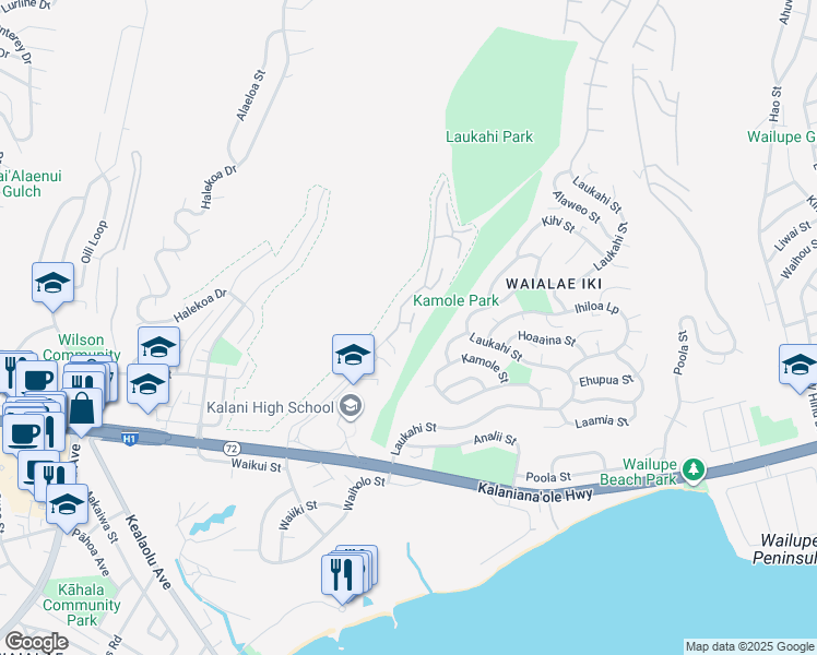 map of restaurants, bars, coffee shops, grocery stores, and more near 1460 Kalanikai Place in Honolulu