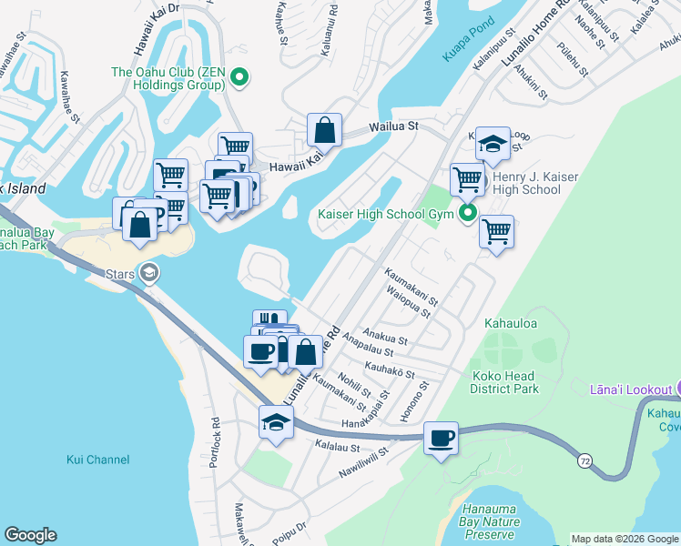 map of restaurants, bars, coffee shops, grocery stores, and more near 667 Kaumakani Street in Honolulu
