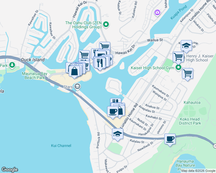 map of restaurants, bars, coffee shops, grocery stores, and more near 305 Koko Isle Circle in Honolulu
