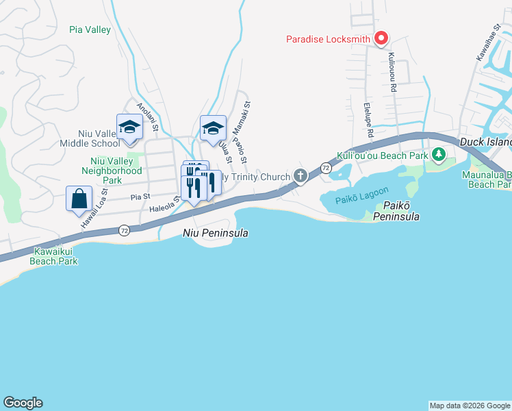 map of restaurants, bars, coffee shops, grocery stores, and more near 5811 Kalanianaʻole Highway in Honolulu
