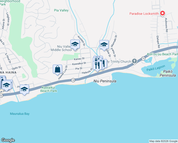 map of restaurants, bars, coffee shops, grocery stores, and more near 5679 Haleola St in Honolulu