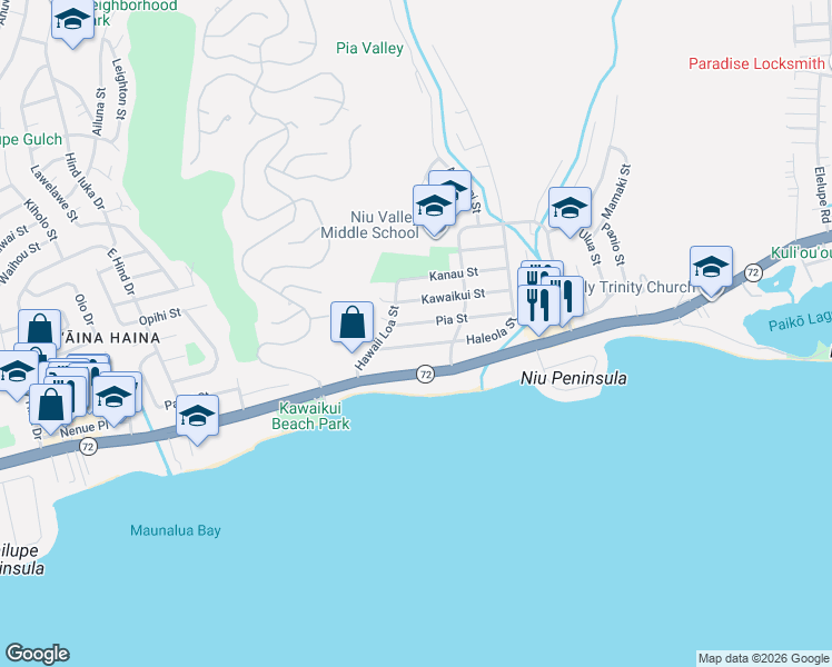 map of restaurants, bars, coffee shops, grocery stores, and more near 5584 Haleola Street in Honolulu