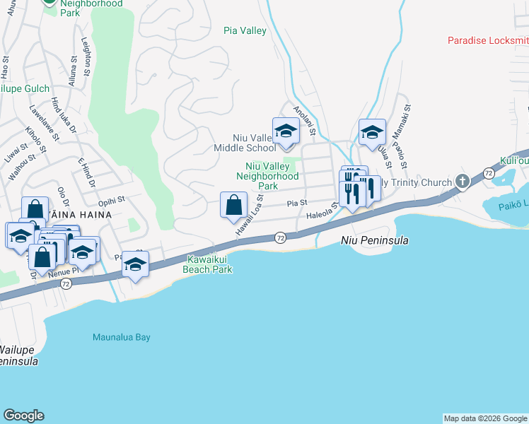 map of restaurants, bars, coffee shops, grocery stores, and more near 5505 Pia St in Honolulu