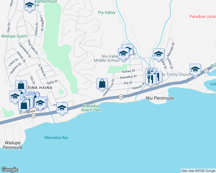 map of restaurants, bars, coffee shops, grocery stores, and more near 158 Hawaii Loa Street in Honolulu