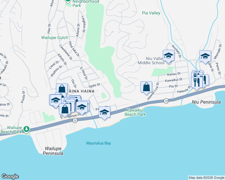 map of restaurants, bars, coffee shops, grocery stores, and more near 5425 Hoana Place in Honolulu
