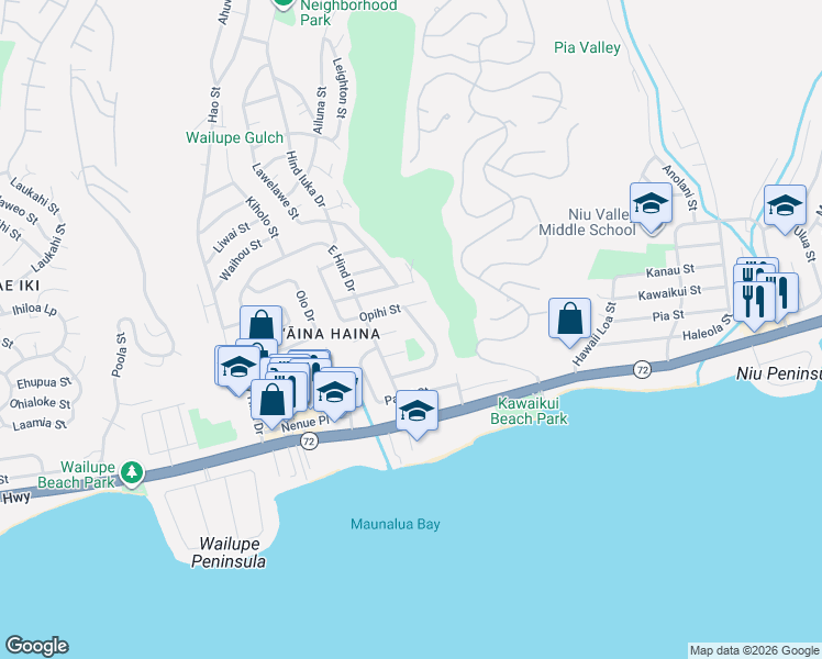 map of restaurants, bars, coffee shops, grocery stores, and more near 5410 Opihi Street in Honolulu