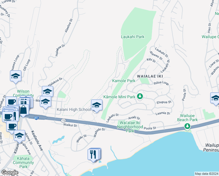 map of restaurants, bars, coffee shops, grocery stores, and more near 1460 Kalanikai Place in Honolulu