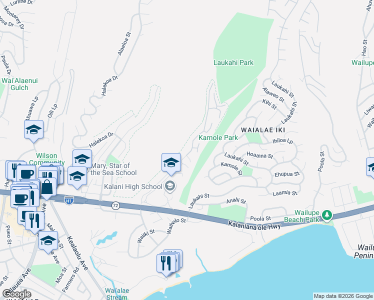 map of restaurants, bars, coffee shops, grocery stores, and more near 1408 Kalaniiki St in Honolulu