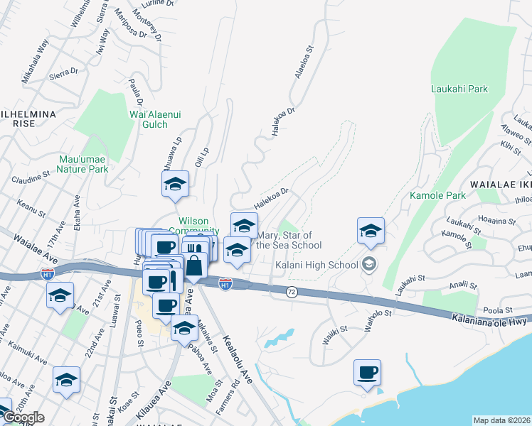 map of restaurants, bars, coffee shops, grocery stores, and more near 4482 Wahinekoa Pl in Honolulu