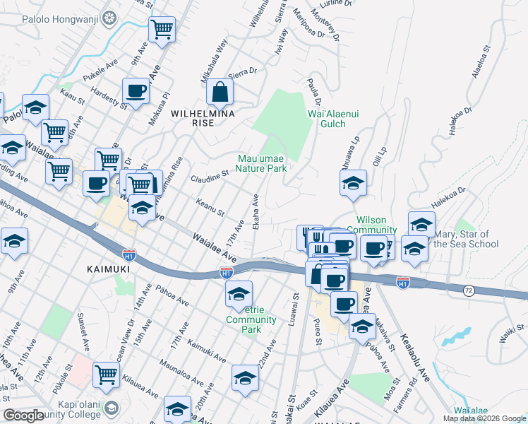 map of restaurants, bars, coffee shops, grocery stores, and more near 1321 Ekaha Ave in Honolulu