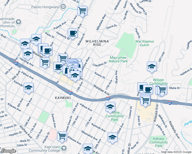map of restaurants, bars, coffee shops, grocery stores, and more near 1236 Elizabeth Street in Honolulu