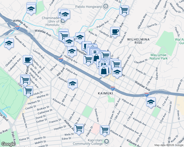 map of restaurants, bars, coffee shops, grocery stores, and more near 1042 10th Avenue in Honolulu