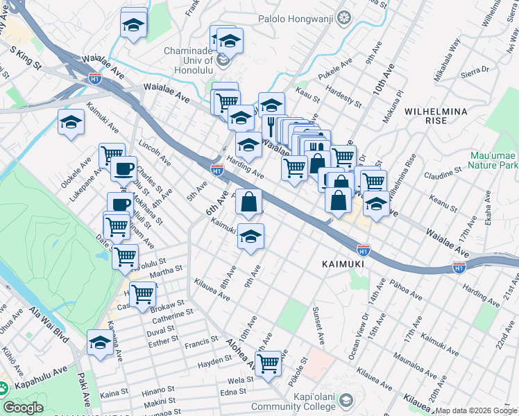 map of restaurants, bars, coffee shops, grocery stores, and more near 3357 Pāhoa Avenue in Honolulu