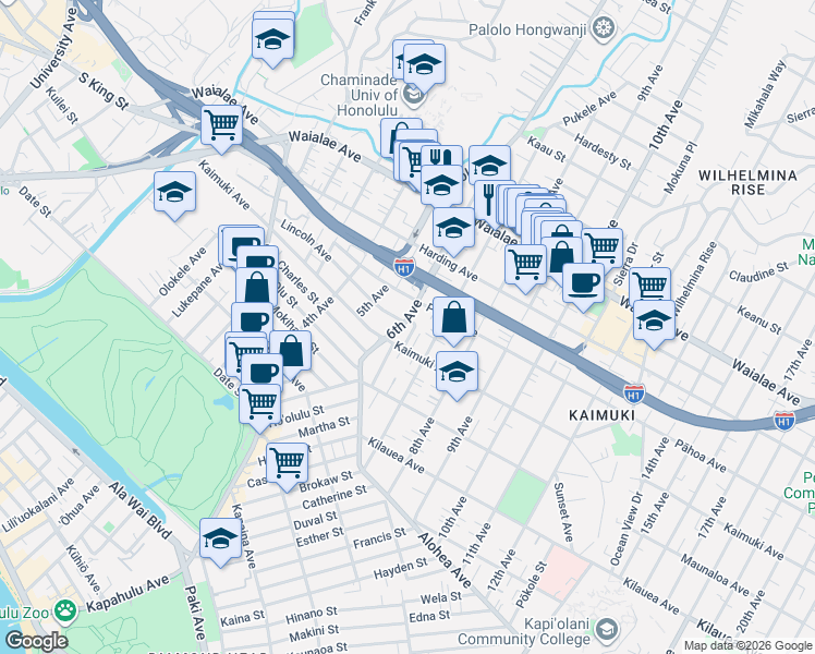 map of restaurants, bars, coffee shops, grocery stores, and more near 933 Hoʻokipa Way in Honolulu