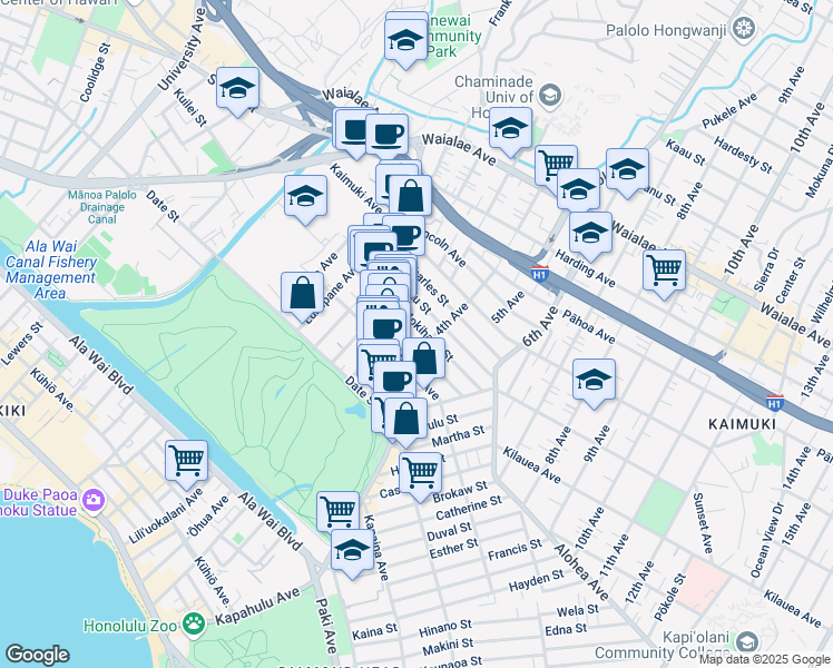 map of restaurants, bars, coffee shops, grocery stores, and more near 3121 Paliuli Street in Honolulu