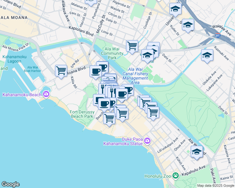 map of restaurants, bars, coffee shops, grocery stores, and more near 2100 Kalakaua Avenue in Honolulu