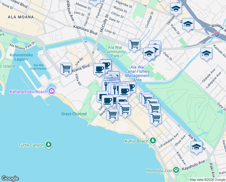 map of restaurants, bars, coffee shops, grocery stores, and more near 2100 Kalakaua Avenue in Honolulu