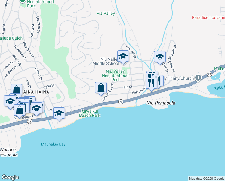map of restaurants, bars, coffee shops, grocery stores, and more near 5505 Pia Street in Honolulu