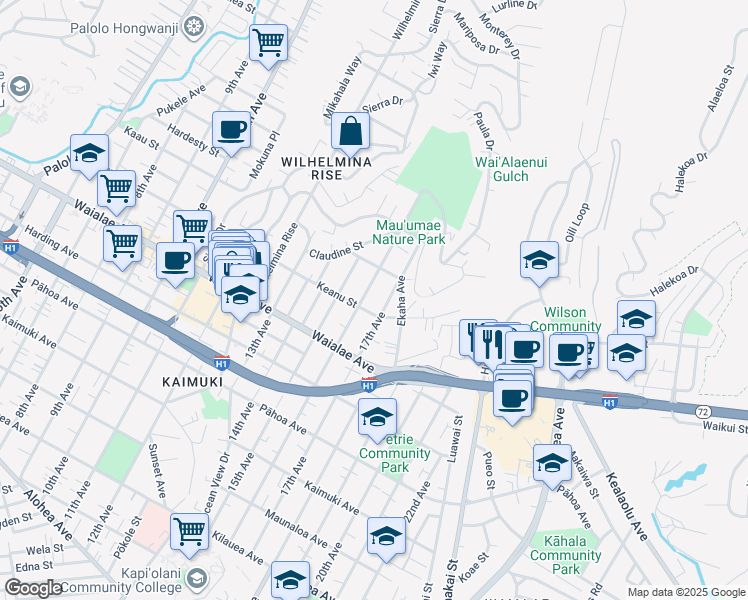 map of restaurants, bars, coffee shops, grocery stores, and more near 1315 16th Avenue in Honolulu